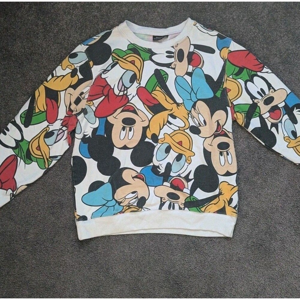 Disney Sweatshirt Kids Medium White AOP Y2K Mickey Mouse Minnie Goofy Donald